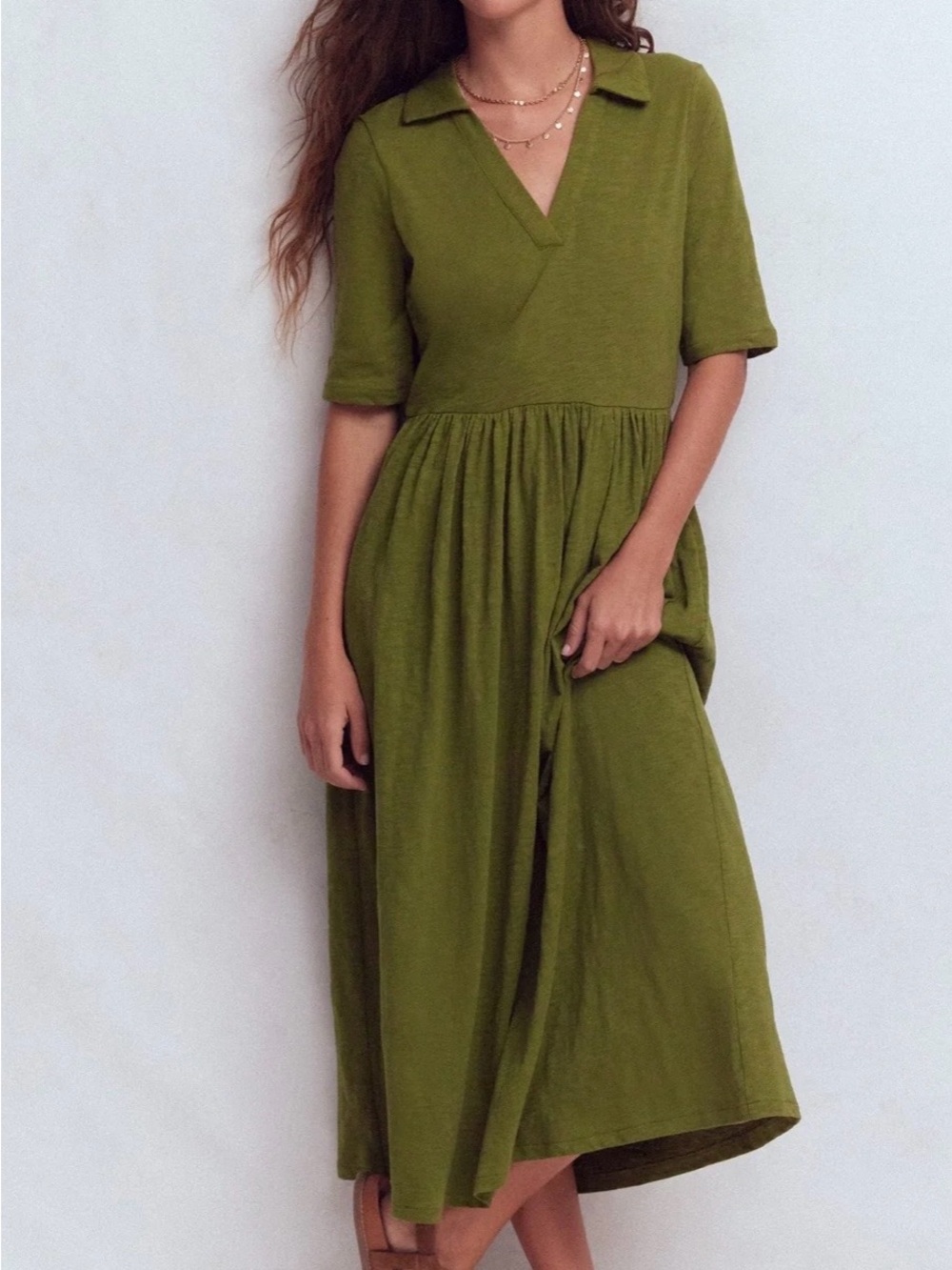 Boden Olive Green V-Neck Collared Midi Dress